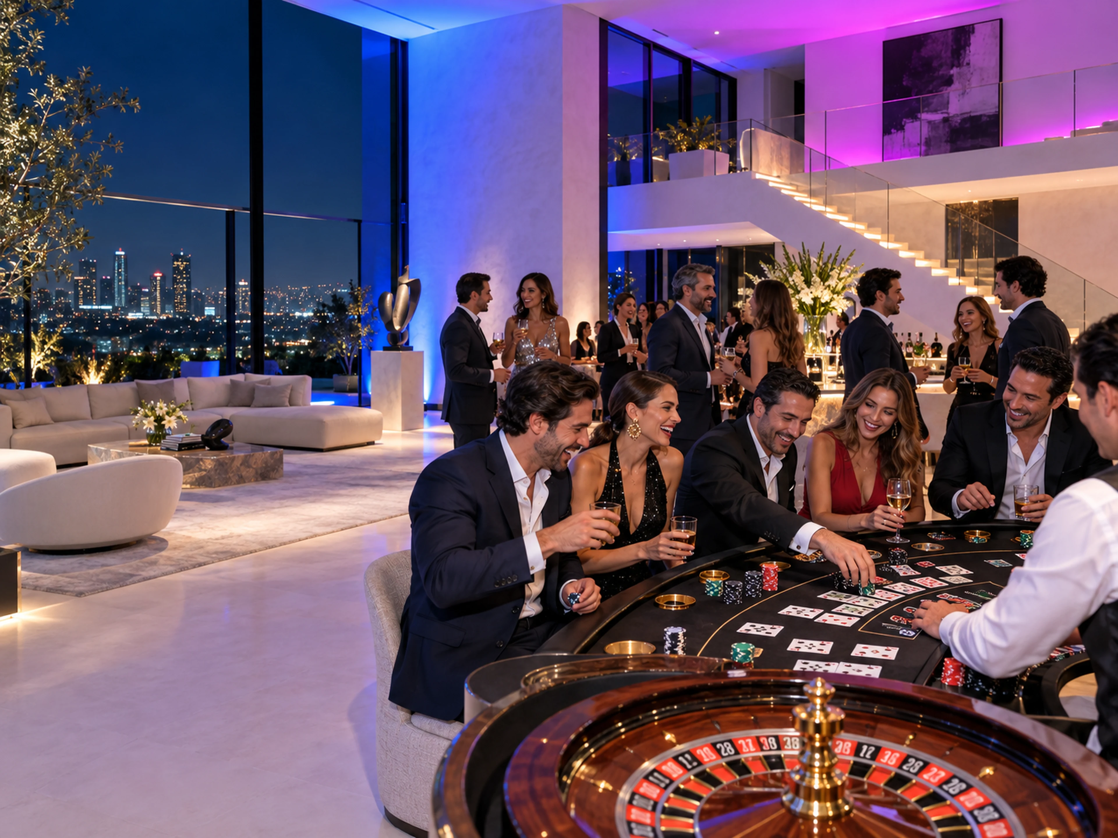 Visualización conceptual de un cumpleaños con casino moderno en una casa minimalista de lujo en CDMX