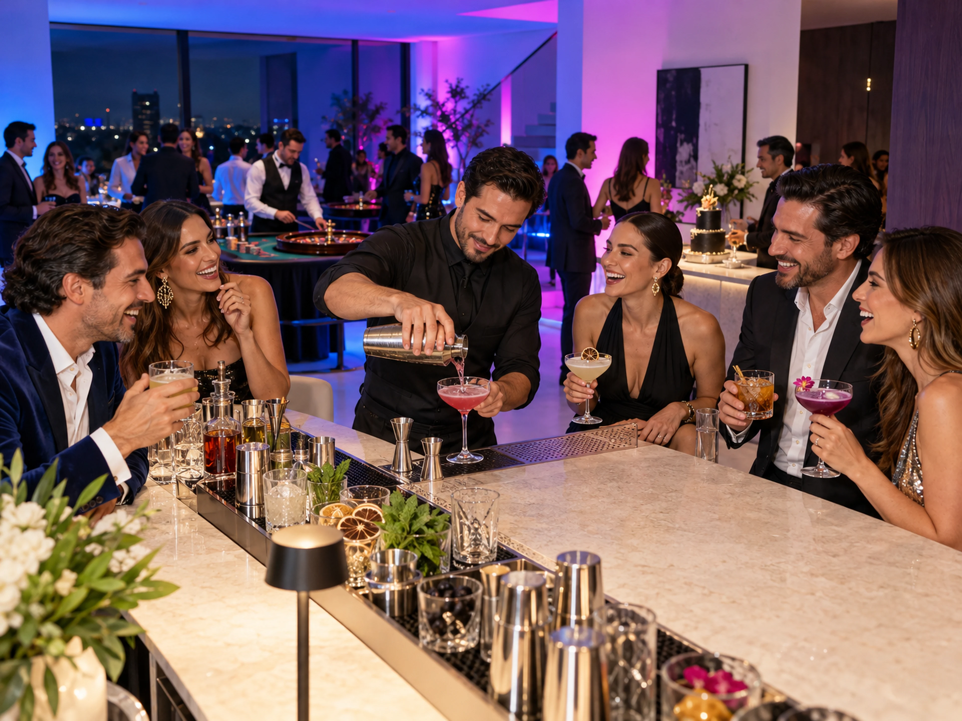 Visualización conceptual de una barra de cocktails en un cumpleaños moderno con iluminación de color